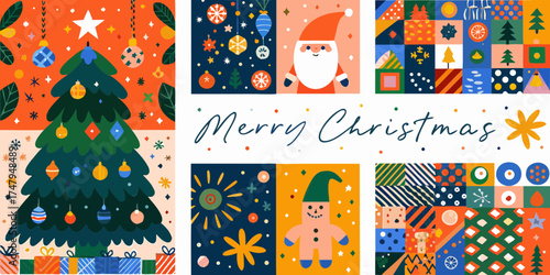 Whimsical christmas illustration with santa claus gingerbread man and decorated tree