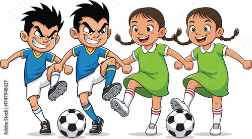 Happy boys and girls playing soccer together, cartoon children kicking football, outdoor sports activity, fun teamwork vector illustration concept design