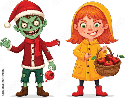 Zombie boy in Santa outfit holding Christmas ornament beside smiling girl in yellow raincoat with apple basket, spooky festive cartoon illustration.