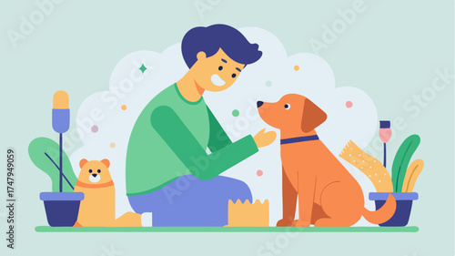 A nurturing pet care scene with a person grooming a dog featuring pet accessories brushes and a playful atmosphere.