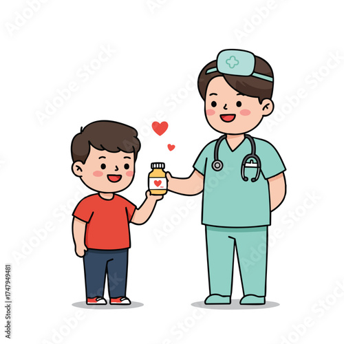 a pediatrician offering a small vitamin drink bottle to a cheerful boy, doctor in light green scrubs, boy wearing a red T-shirt, both standing and smiling.