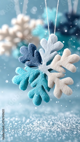 A beautiful handmade snowflake ornament in shades of blue and white, hanging gracefully with a snowy backdrop.