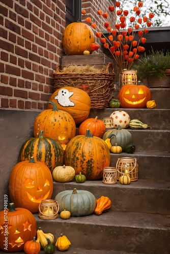 Halloween Pumpkin Display on Brick House Steps with Lanterns, AI generated