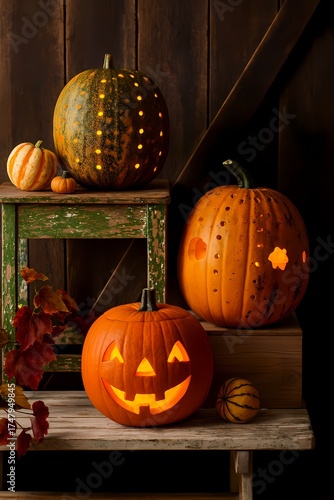 Rustic Halloween Pumpkins with Carved Patterns and Warm Glow, AI generated