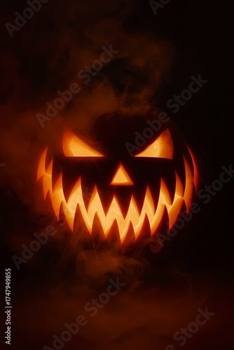 Scary Jack-o'-Lantern in Smoke with Sharp Teeth and Fiery Glow, AI generated