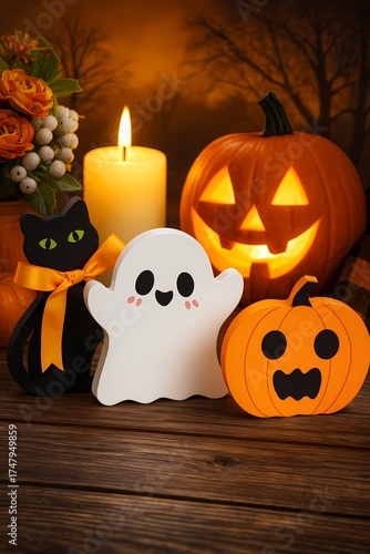 Cute Halloween Scene with Ghost, Cat, and Pumpkin Decorations, AI generated