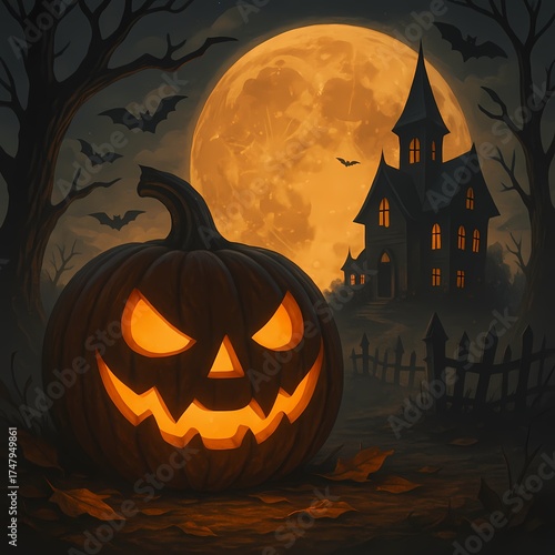 Haunted Pumpkin Night with Full Moon and Spooky House, AI generated