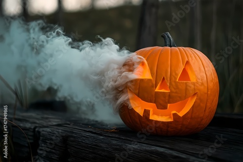 Smoking Jack-o'-Lantern on Wooden Log at Twilight, AI generated