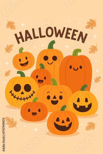 Cute Halloween Pumpkins Collection with Smiling Faces, AI generated