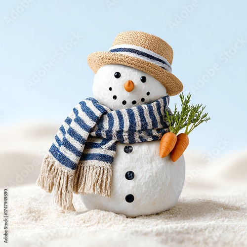 A charming snowman wearing a hat and scarf, holding a carrot in a snowy landscape.