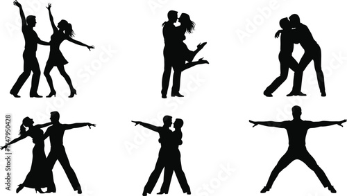 Passionate Dance Couple Silhouettes Vector Set, Diverse Poses of Ballroom, Latin, and Tango Dancers, for Music, Party, and Performance Design.