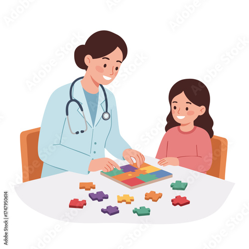  illustration of a pediatrician and a small girl sitting at a table solving a colorful puzzle, doctor wearing a pastel blue lab coat, girl smiling in pink shirt,