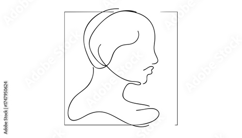 A minimalist line drawing of a human profile. The artwork features smooth, continuous lines creating a simple yet elegant representation of a face