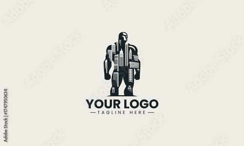 Powerful black vector logo illustration of a muscular strong male figure containing a modern cityscape for urban branding