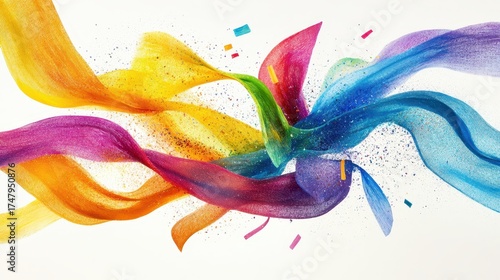 Abstract Colorful Ribbons in Flowing Wave Design on White