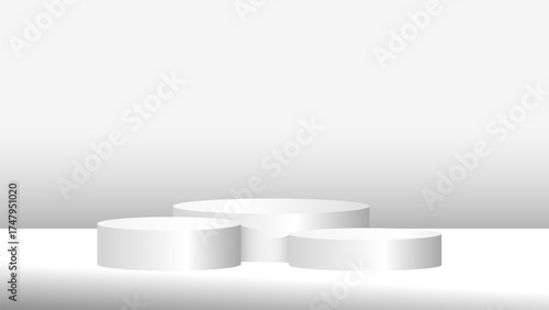 Three white cylindrical podiums of varying heights are arranged on smooth surface, set against gradient background. minimalist design creates modern and clean aesthetic