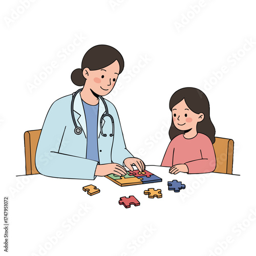  illustration of a pediatrician and a small girl sitting at a table solving a colorful puzzle, doctor wearing a pastel blue lab coat, girl smiling in pink shirt,