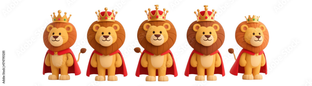 Fototapeta premium Five Golden Lions with Red Capes, 3D Realism Illustration with Transparent Background