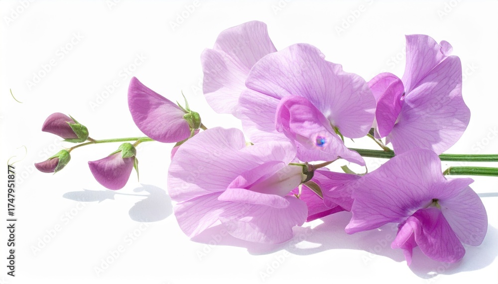 Obraz premium sweet pea tangle arranged lightly on white seamless delicate cast shadow minimal botanical layout