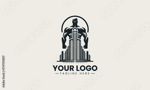 Powerful black vector logo illustration of a muscular strong male figure containing a modern cityscape for urban branding