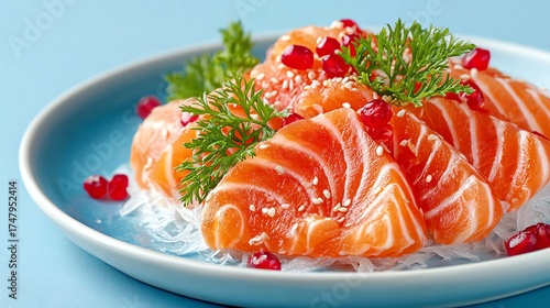 Colorful sushi platter with fresh salmon, garnished with pomegranate and herbs on a blue background.