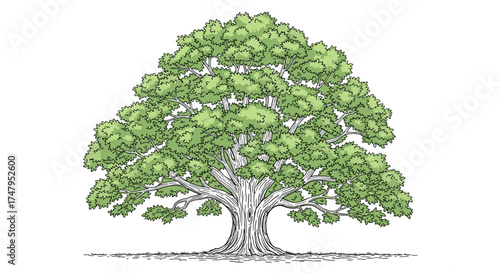 A large deciduous tree with dense green foliage stands tall in a field with shadows cast beneath it.