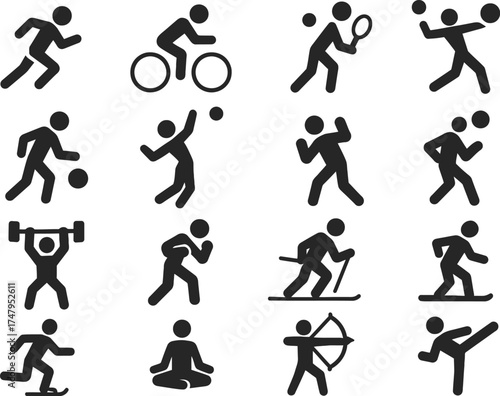 Vector EPS illustration featuring 16 solid black sport piktogram icons. Includes running, cycling, swimming, football kick, basketball dribble, tennis serve, volleyball spike, gymnastics pose, weightl