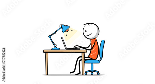 Stick figure happily working on a laptop at a desk under a desk lamp.