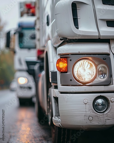 Row of White Semi-Trucks at Logistics Depot Ready for Dispatch and Transport Operation Fleet