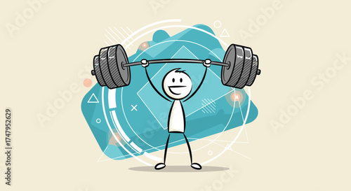 A stick figure man lifts a heavy barbell overhead with determined effort.