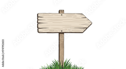 A weathered wooden directional signpost stands firmly planted in the green grass.