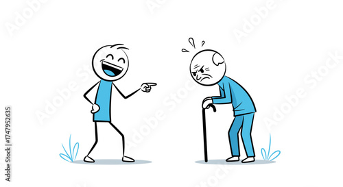 A young man is laughing and pointing at an old man who is angry and leaning on a cane.
