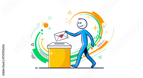A happy stick figure character is casting a vote into a ballot box during an election.