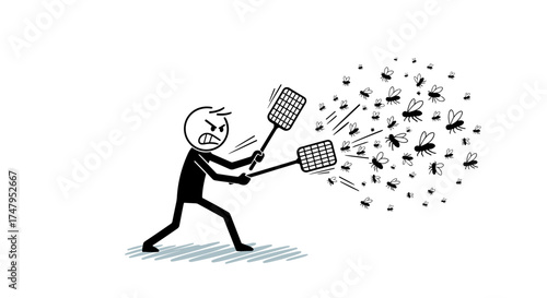 Determined stick figure person fighting off a swarm of buzzing flies with two fly swatters.