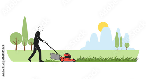 A person is mowing the lawn on a sunny day with trees and clouds in the background.