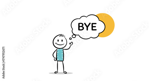 Simple stick figure character waving goodbye with the sun setting in the background.