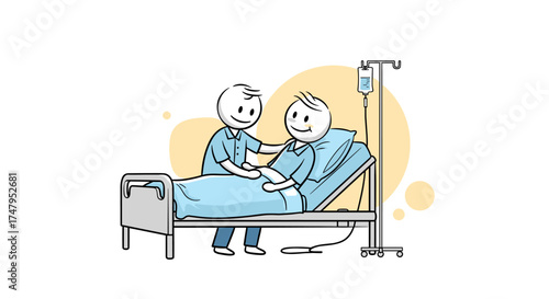 A caring healthcare professional offers comfort and support to a patient recovering in a hospital bed.