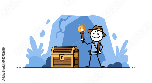 Adventurer holding a torch discovers a treasure chest inside a cave with water.