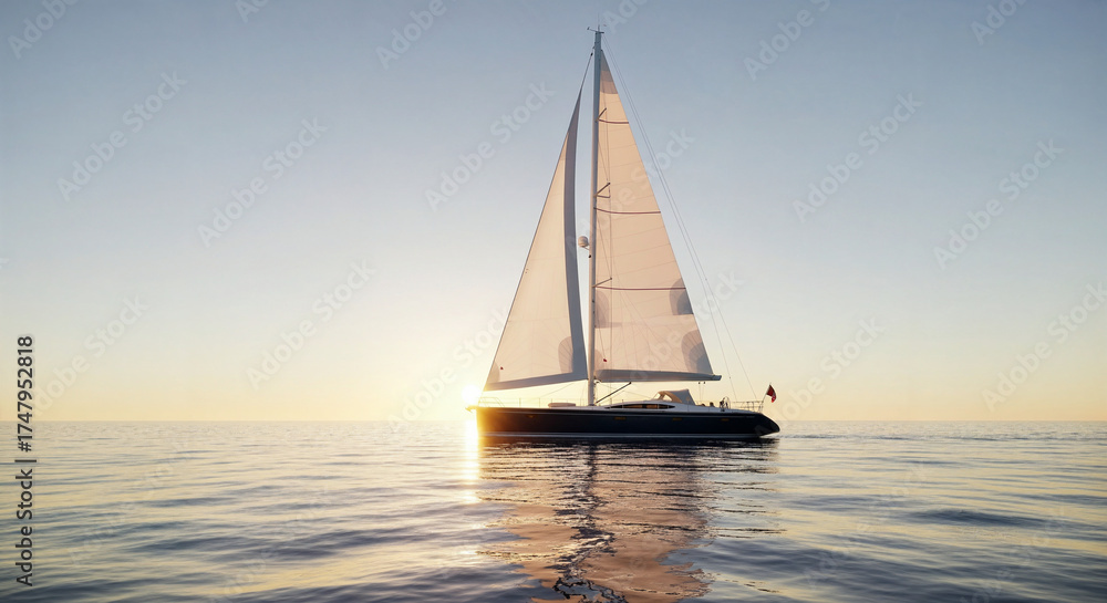 Fototapeta premium Sailboat drifting peacefully at sunrise on calm sea