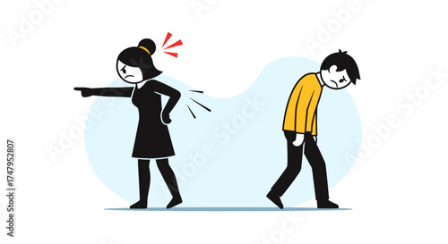 Illustrating a disagreement between a woman who is pointing and a man who is walking away from her.