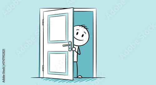A stick figure peeking around an open door with a curious expression on its face.