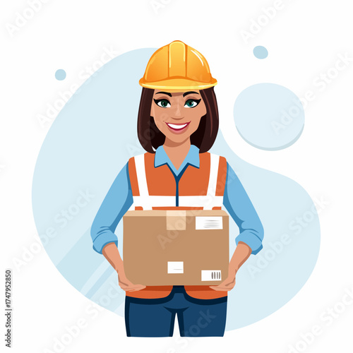 Friendly female industrial worker in a hard hat and safety vest holding a delivery package for shipping