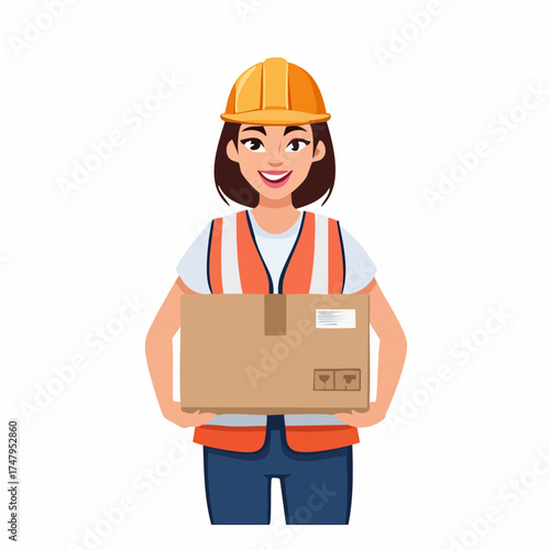 Cheerful woman in construction safety attire presenting a brown delivery parcel with a smile