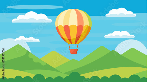 A hot air balloon drifting over a scenic landscape accompanied by fluffy clouds and a bright horizon.