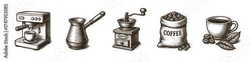 Vintage sketch coffee set – espresso machine, cezve pot, coffee grinder, coffee beans, coffee cup