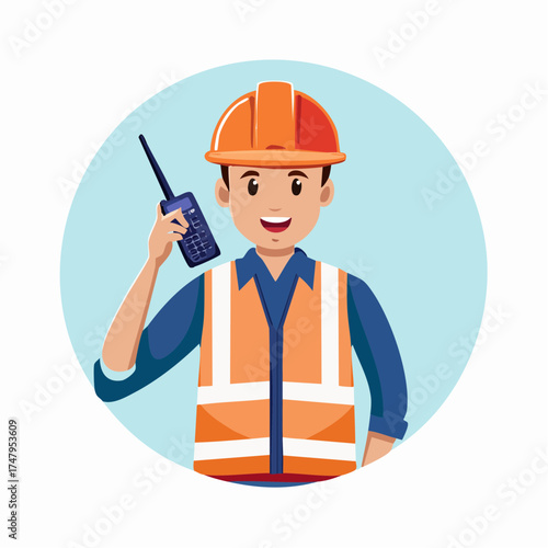 Smiling construction worker holding a walkie-talkie, wearing a hard hat and safety vest for site communication