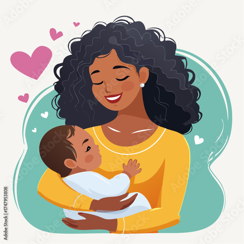 Beautiful black mother with curly hair tenderly cradles her cute infant child