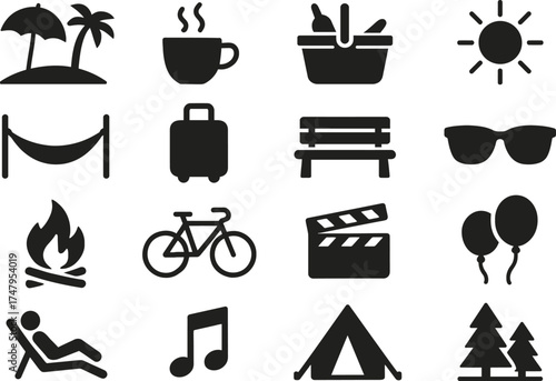Weekend Solid Black Vector Icon Set Collection on White Background