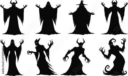 Eight Dark Ghostly Silhouettes Set, Evil Witches, Demons, and Wraiths Collection for Halloween, Horror, Spooky Designs, and Fantasy Comic Art, Isolated Black Vector.
