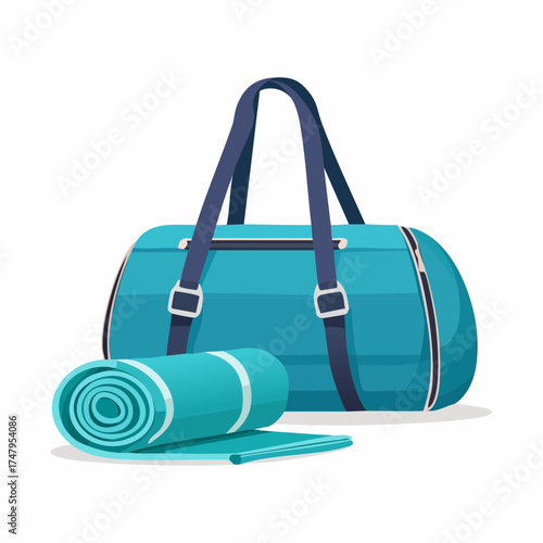 Essential sports equipment with a duffel bag and rolled mat ready for a gym session or yoga class